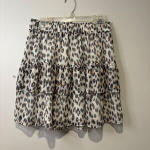 LOFT Leopard Mini Skirt Ruffle Tiered Elastic Waist White Lightweight Med Flirty
